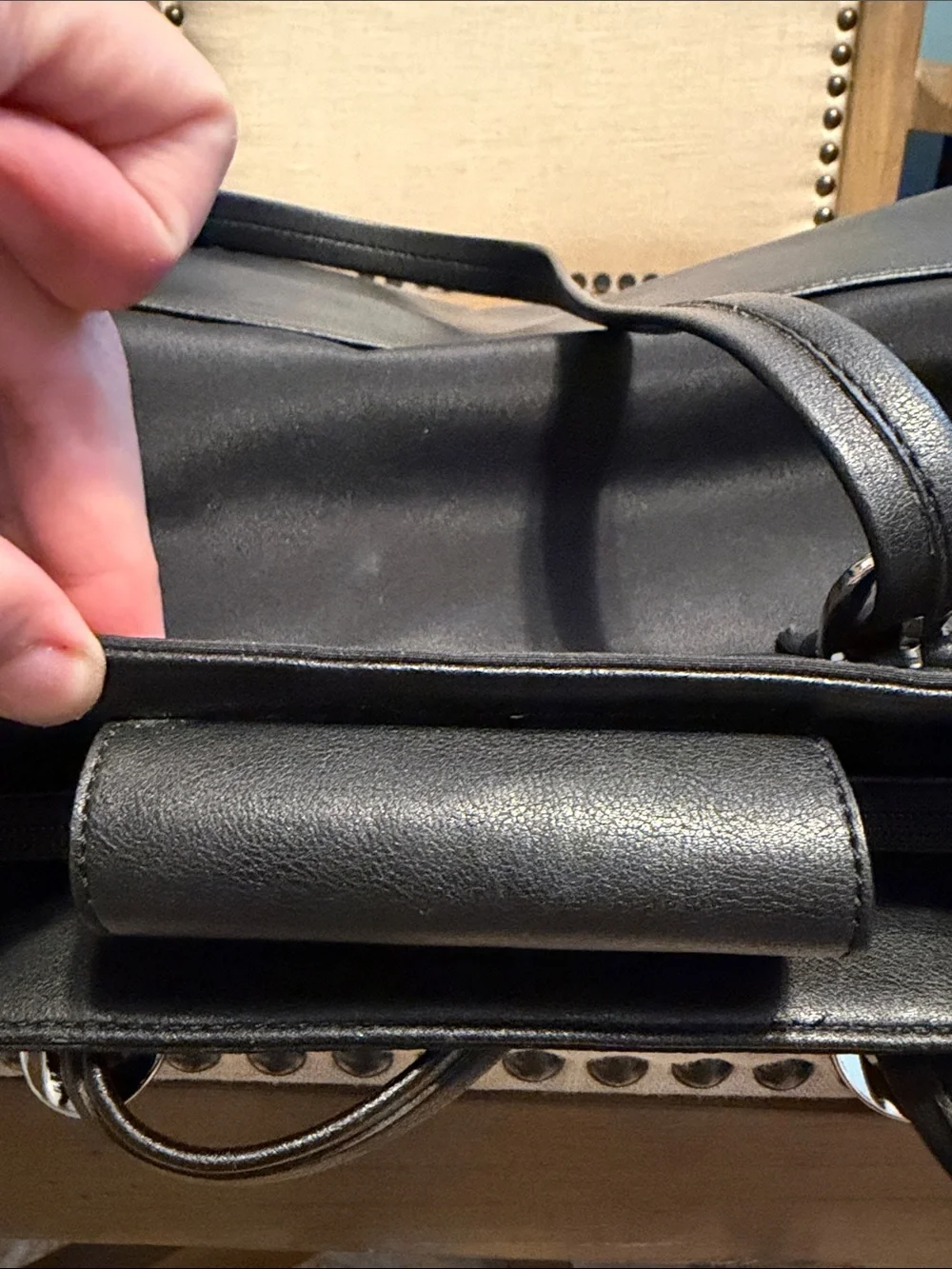 DKNYC Black Nylon Tote Bag with Leather Trim